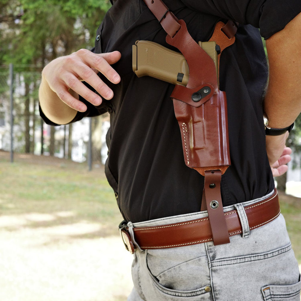 DM04 Leather Universal Vertical Shoulder Holster with Double Mag Pouch