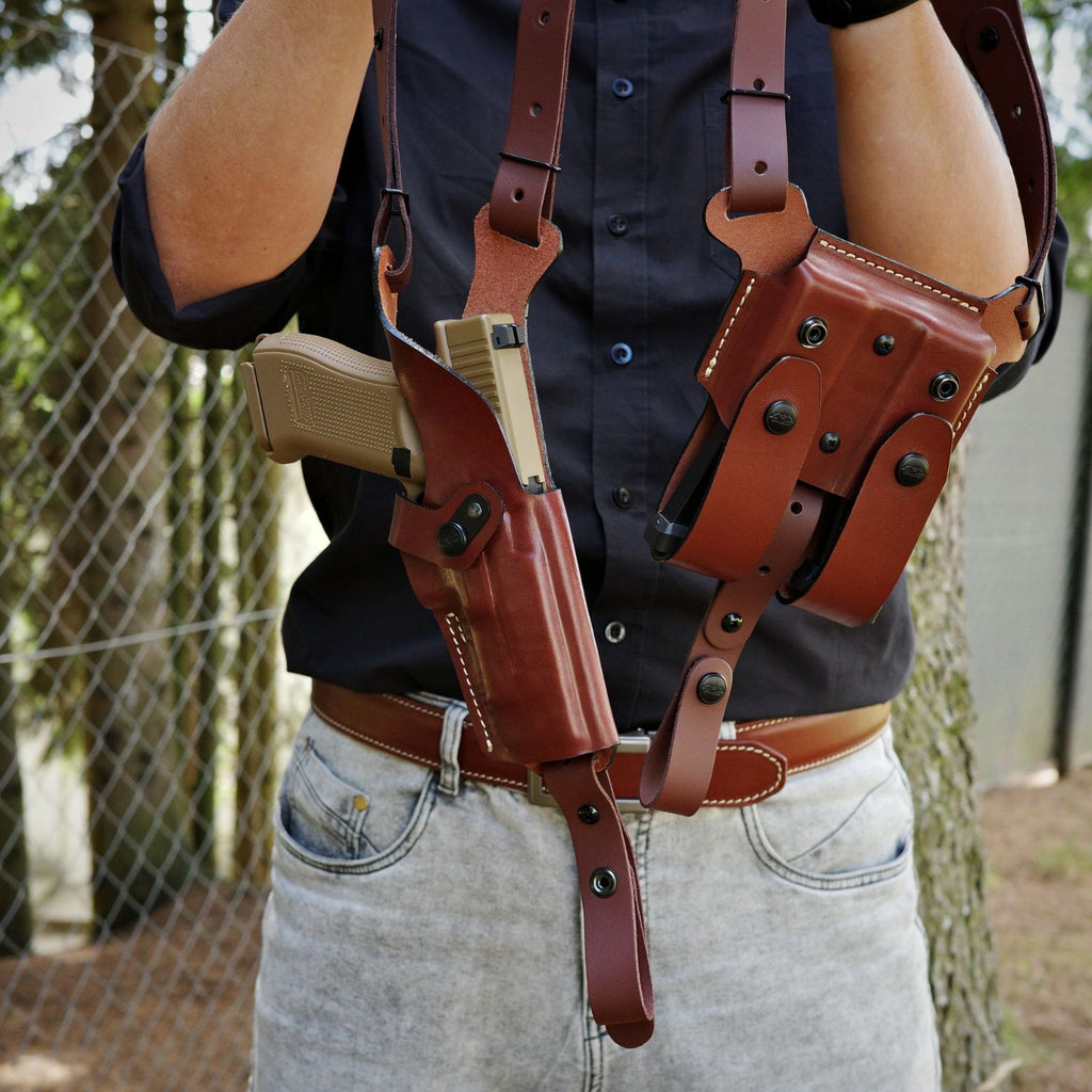 DM04 Leather Universal Vertical Shoulder Holster with Double Mag Pouch